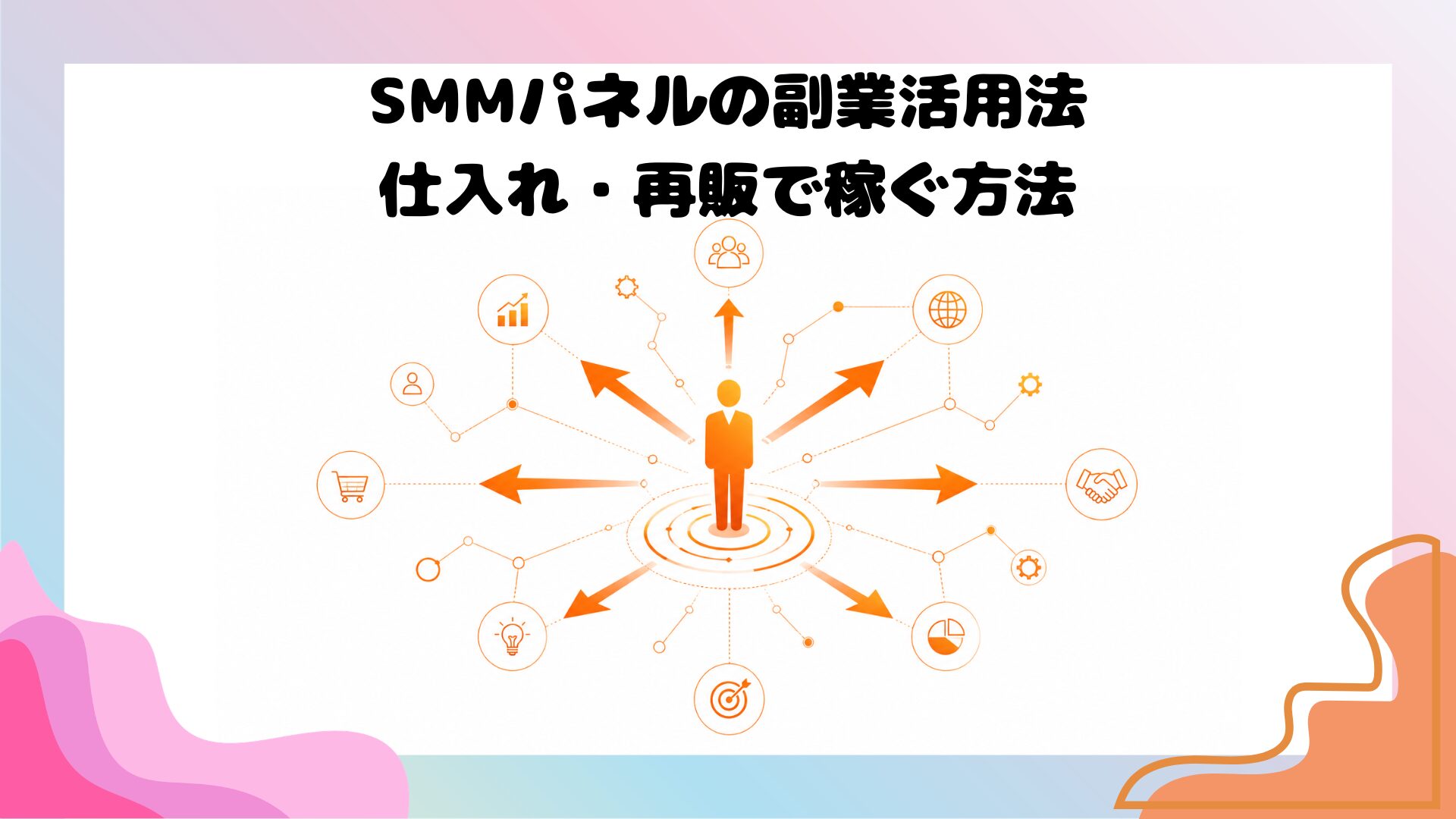 SMMパネルを使った仕入れ・再販副業の仕組みを表すフラットデザインのイラスト